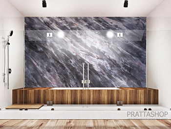 Стена в ванной с эффектом слэба черного мрамора