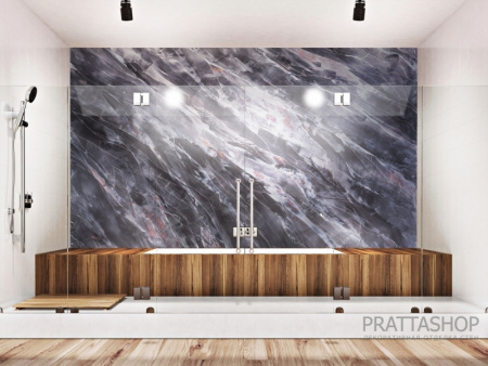 Стена в ванной с эффектом слэба черного мрамора