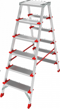 Профессиональная двухсторонняя алюминиевая стремянка со ступенями 130 мм и складной площадкой 350×260 мм NV 3127 артикул 3127206