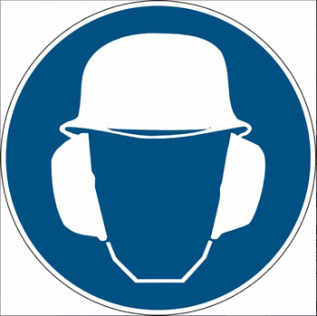 Предписывающий знак безопасности "Работать в защитных наушниках и каске"