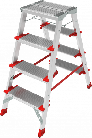Профессиональная двухсторонняя анодированная стремянка со ступенями 130 мм и складной площадкой 350×260 мм NV 3127А артикул 3127204A