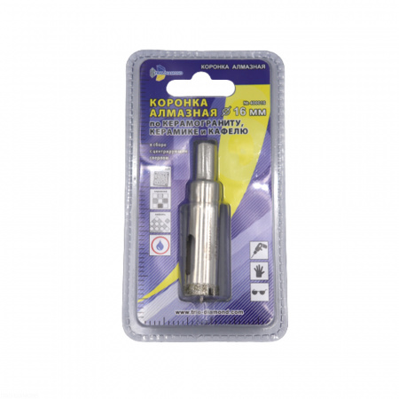 Коронка алмазная по керамике и кафелю с центрирующим сверлом 16мм  400016