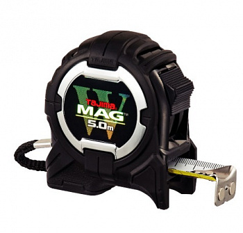 Рулетка с магнитным корпусом и зацепом W-MAG 5м/25мм, цвет черный, обрезин.корпус TAJIMA WM550MRD215K